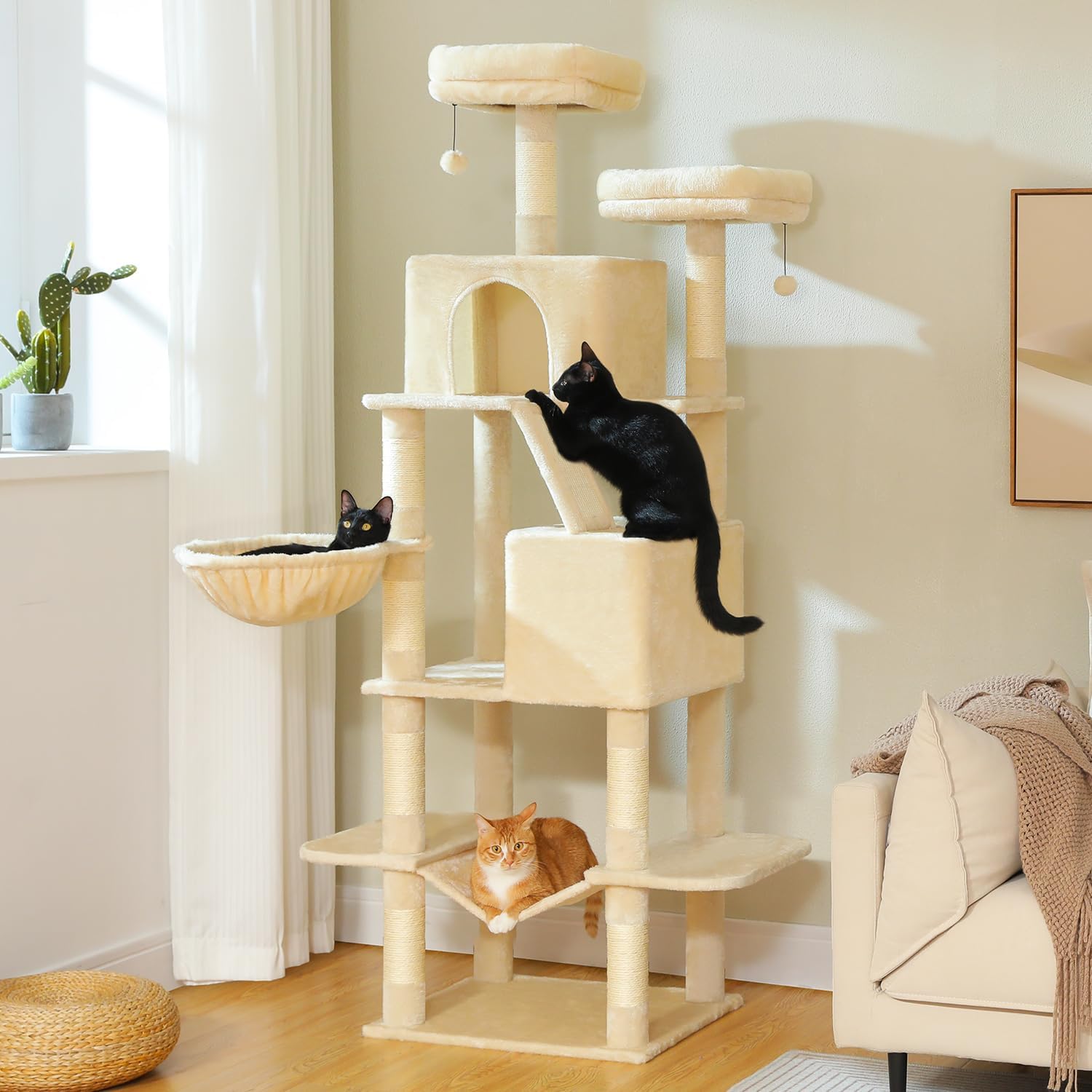 Large 71" Cat Tree with Hammock & Dual Condos